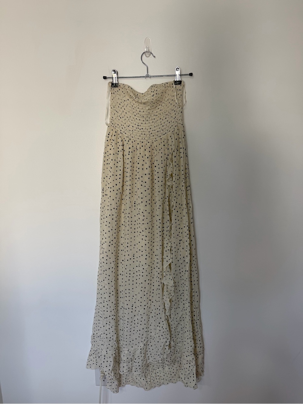 Patrons of Peace XS Strapless Maxi Dress Cream Black Polka Dot Smocked Boho